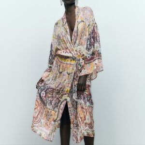 NWT ZARA Multicolor Paisley Printed Long Belted Kimono XS